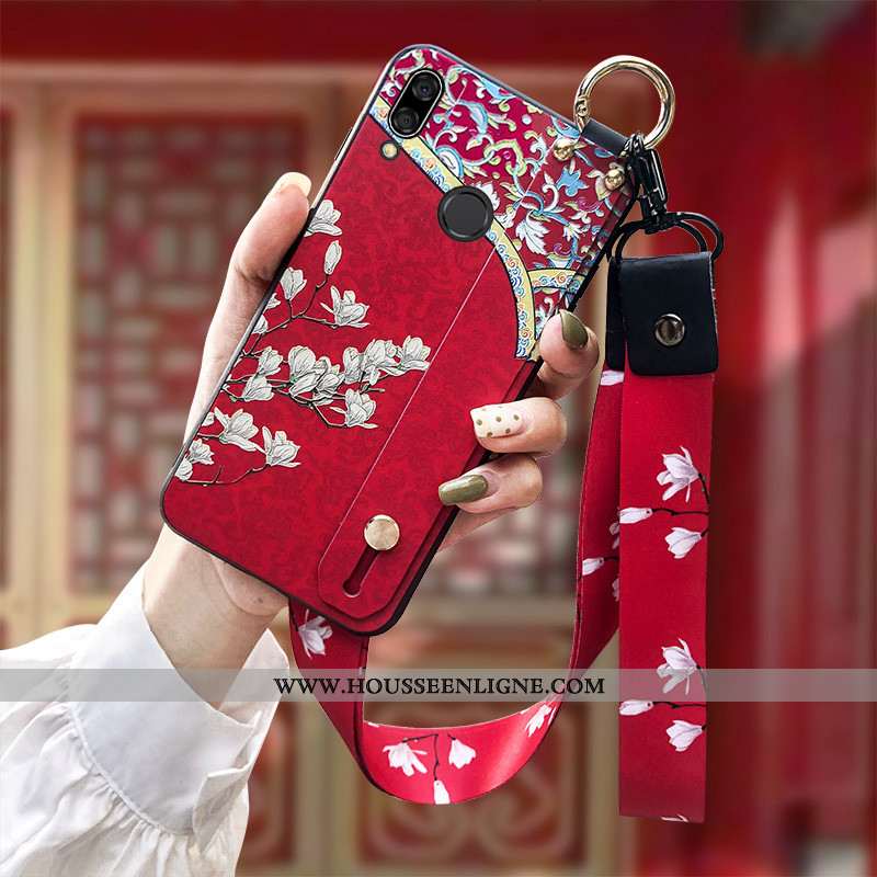 Housse Huawei P Smart+ Protection Ornements Suspendus Coque Rose Gaufrage Style Chinois Silicone