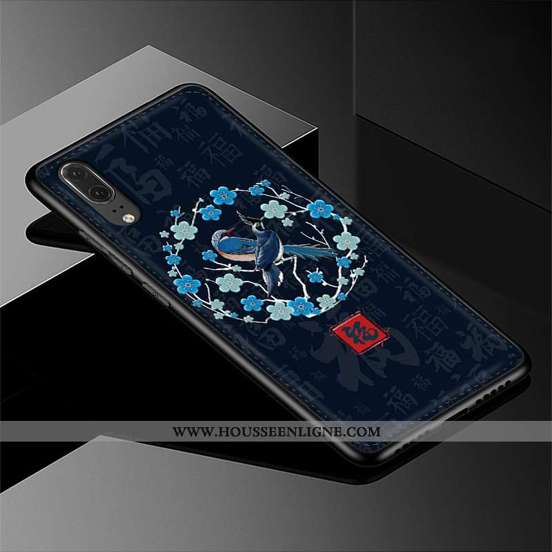 Housse Huawei P20 Cuir Véritable Tendance Modèle Fleurie Cuir Coque Téléphone Portable Bleu Marin Bl