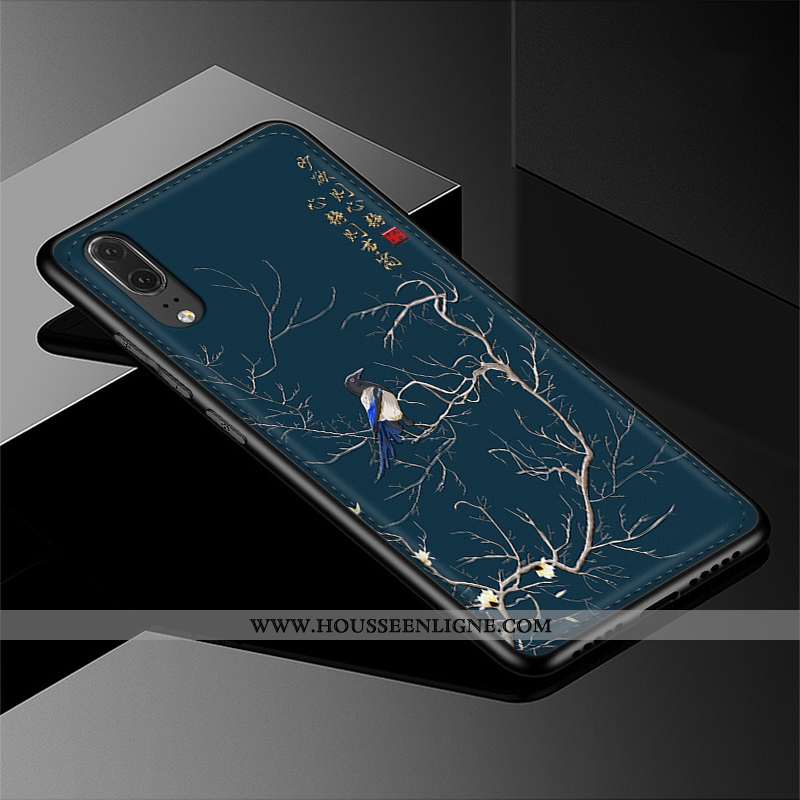 Housse Huawei P20 Cuir Véritable Tendance Modèle Fleurie Cuir Coque Téléphone Portable Bleu Marin Bl