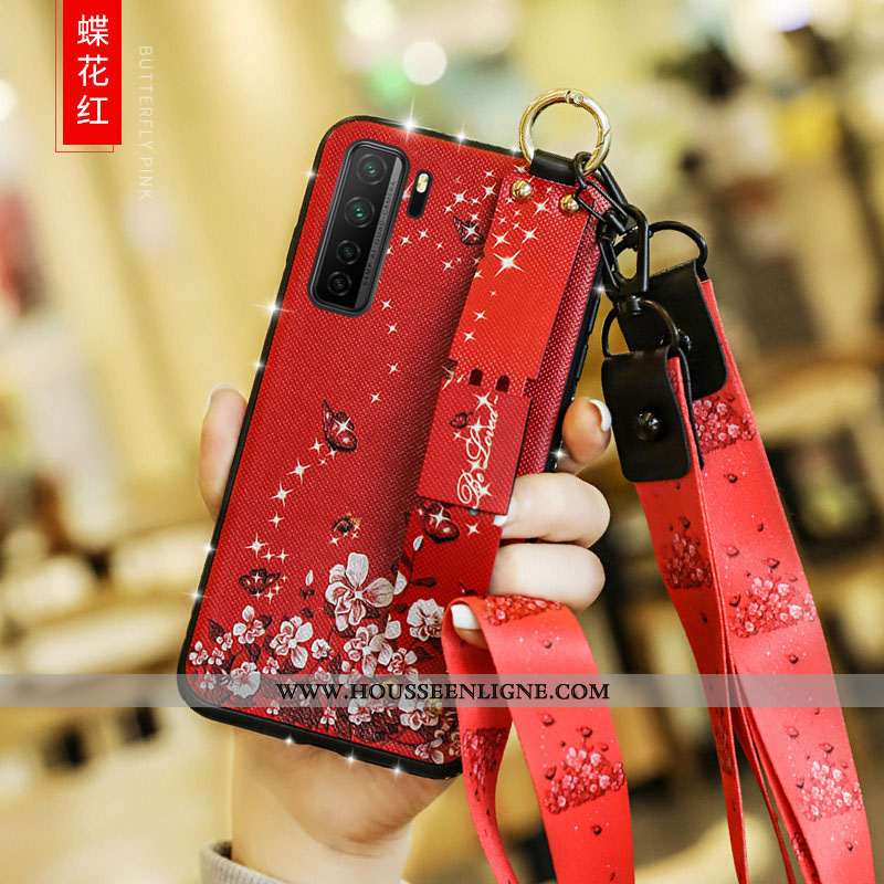 Housse Huawei P40 Lite 5g Protection Incruster Strass Cou Suspendu Téléphone Portable Cuir Rouge Étu