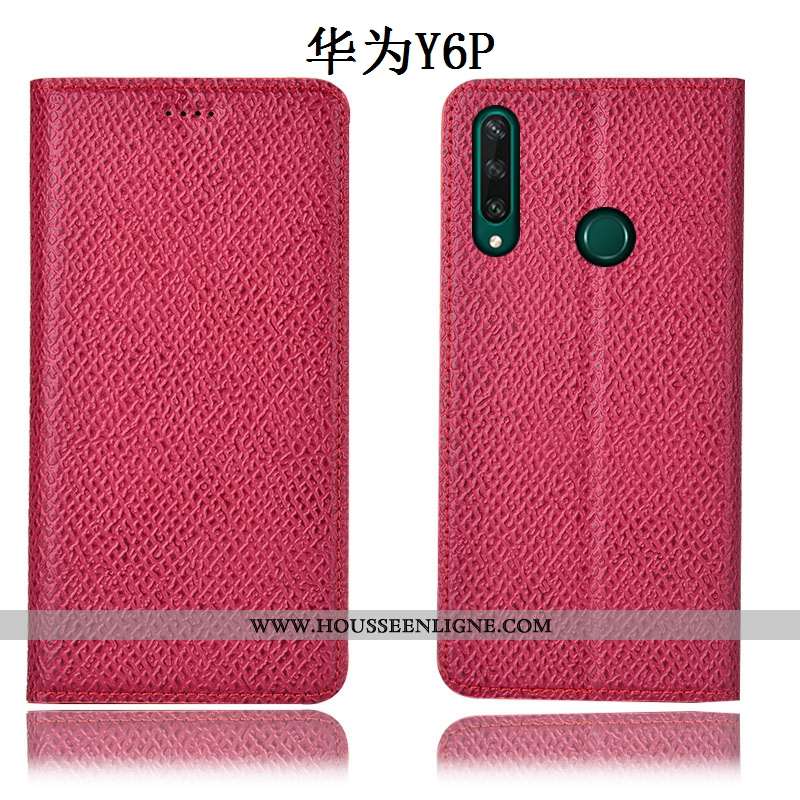 Housse Huawei Y6p Cuir Véritable Modèle Fleurie Protection Étui Incassable Coque Rouge