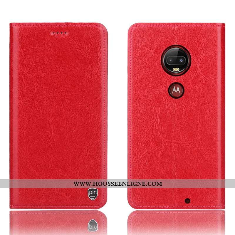 Housse Moto G7 Plus Protection Cuir Véritable Incassable Téléphone Portable Rouge Étui