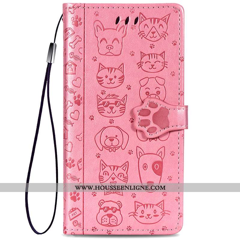 Housse Samsung Galaxy A20s Cuir Protection Dessin Animé Chat Clamshell Coque Tendance Rose