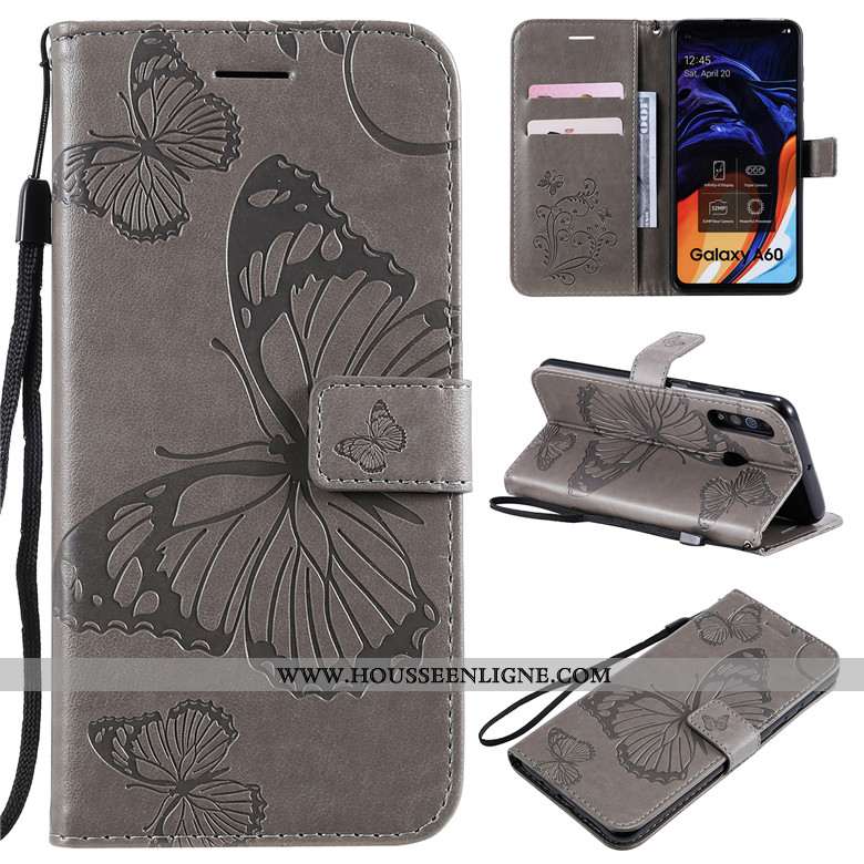 Housse Samsung Galaxy A60 Cuir Protection Fleur Étoile Téléphone Portable Étui Violet