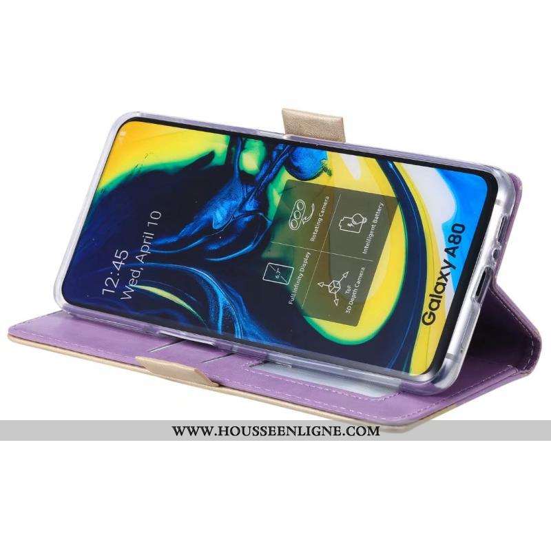 Housse Samsung Galaxy A80 Cuir Modèle Fleurie Étui Fluide Doux Violet Dentelle