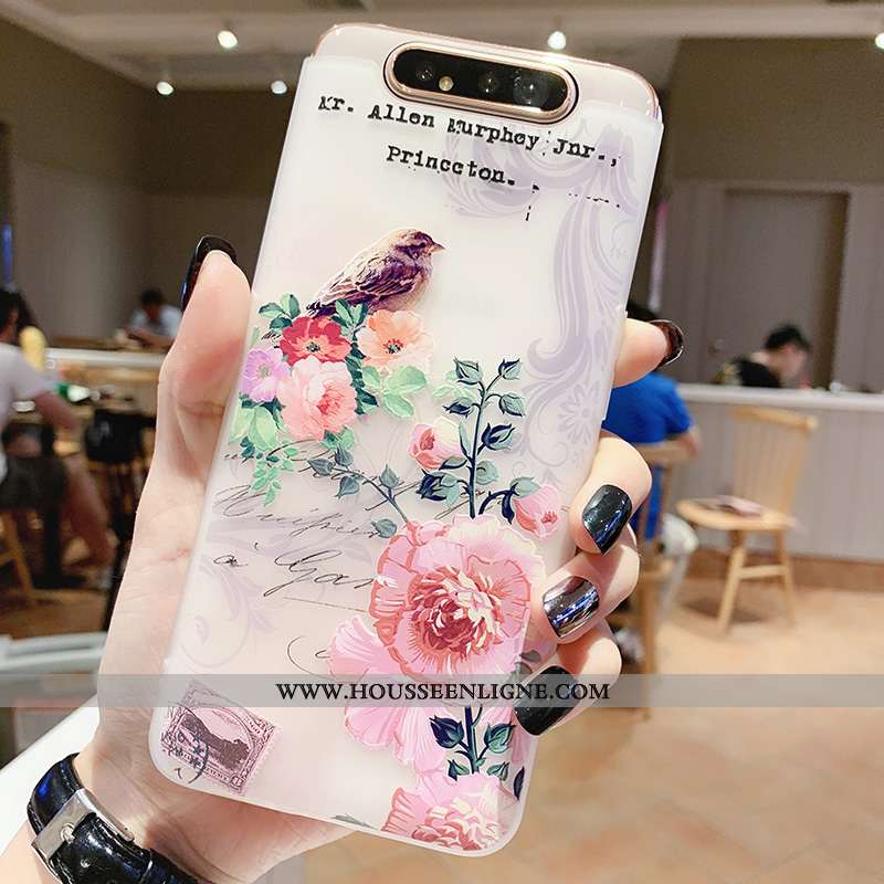 Housse Samsung Galaxy A80 Transparent Gaufrage Coque Vent Téléphone Portable Fleur Silicone Blanche