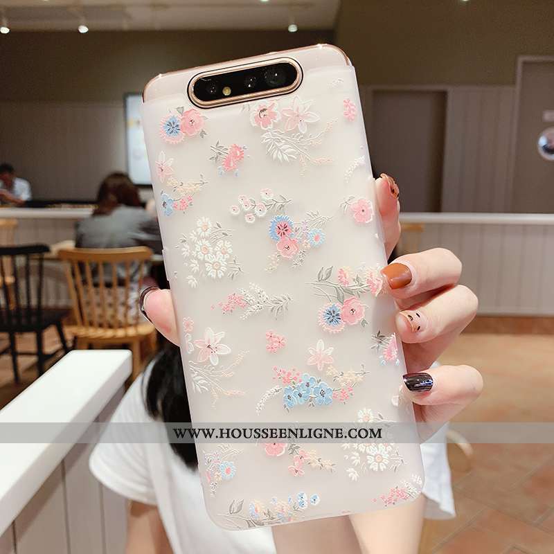 Housse Samsung Galaxy A80 Transparent Gaufrage Coque Vent Téléphone Portable Fleur Silicone Blanche