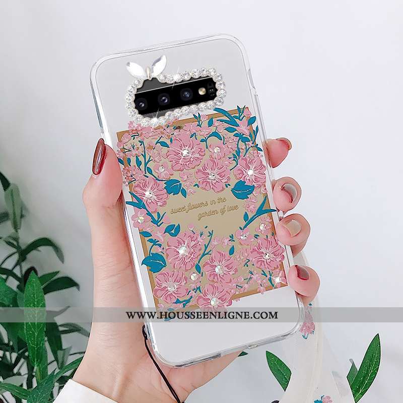 Housse Samsung Galaxy S10 Personnalité Fluide Doux Téléphone Portable Coque Étui Fleurs Miroir Blanc