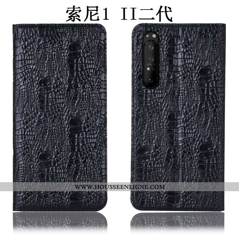 Housse Sony Xperia 1 Ii Protection Cuir Véritable Téléphone Portable Incassable Noir Crocodile