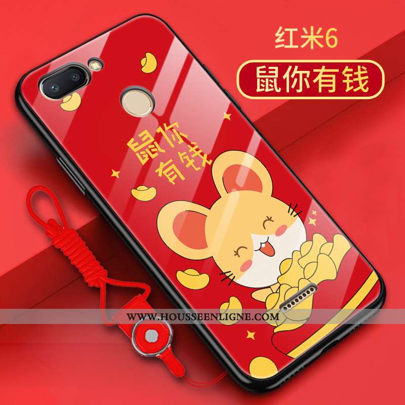 Housse Xiaomi Redmi 6 Verre Délavé En Daim Tendance Rat Petit Coque Rouge