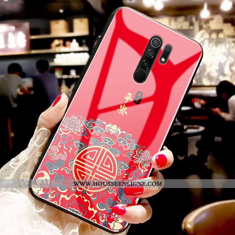 Housse Xiaomi Redmi 9 Protection Verre Style Chinois Tendance Étui Amoureux Fluide Doux Rouge