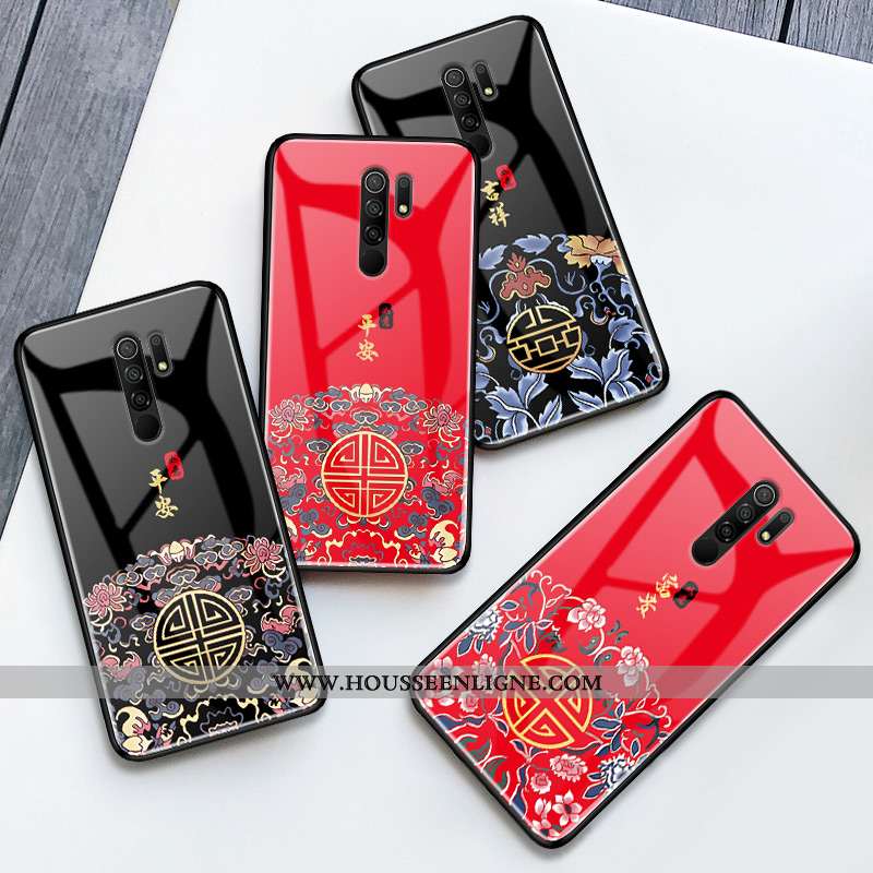 Housse Xiaomi Redmi 9 Protection Verre Style Chinois Tendance Étui Amoureux Fluide Doux Rouge