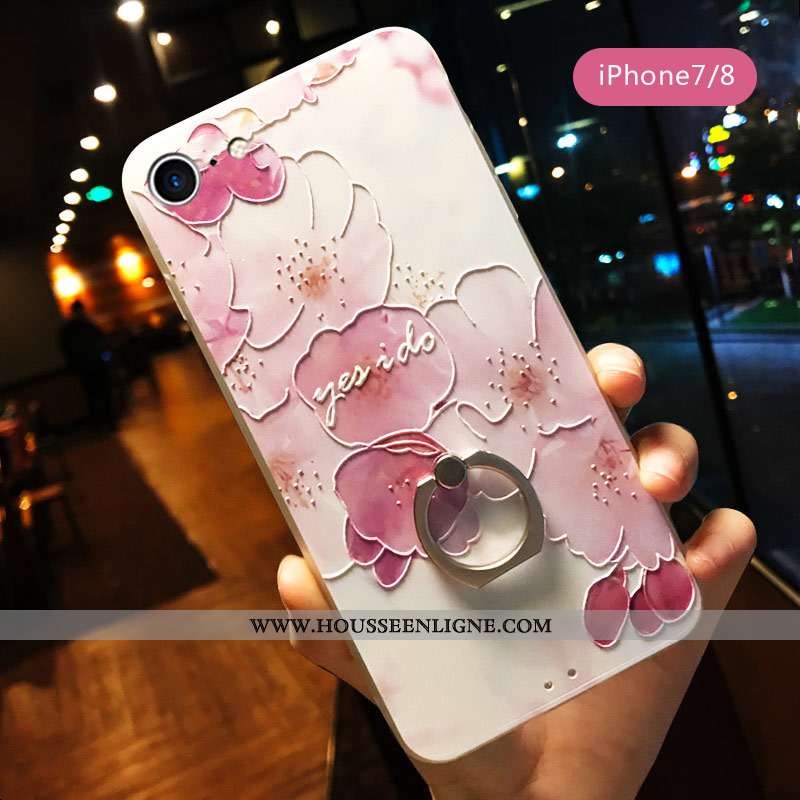 Housse iPhone 7 Gaufrage Vintage Fleur Rose Téléphone Portable Vent Tendance