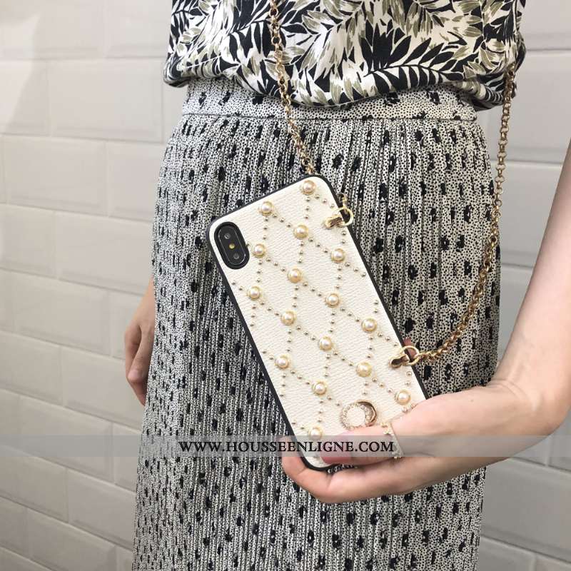 Housse iPhone Xs Max Cuir Véritable Chaîne Perle Téléphone Portable Étui Blanc Coque Blanche