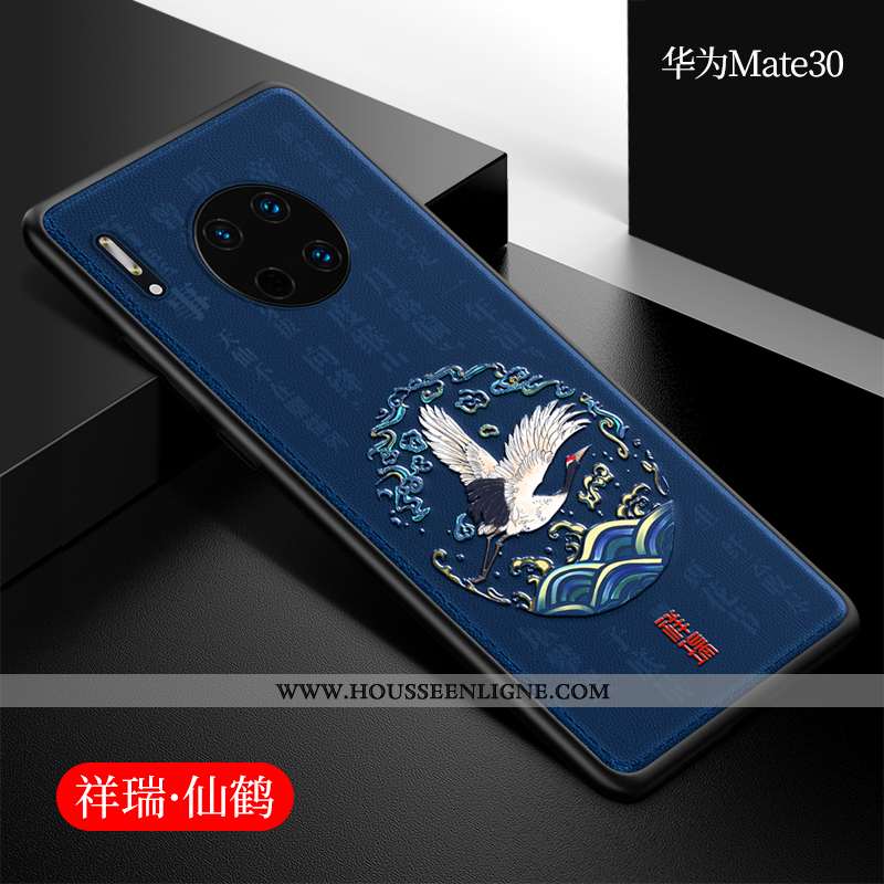 Étui Huawei Mate 30 Cuir Silicone Coque Style Chinois Incassable Net Rouge Téléphone Portable Bleu