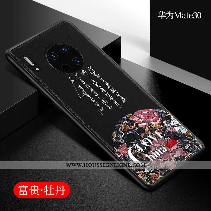 Étui Huawei Mate 30 Cuir Silicone Coque Style Chinois Incassable Net Rouge Téléphone Portable Bleu