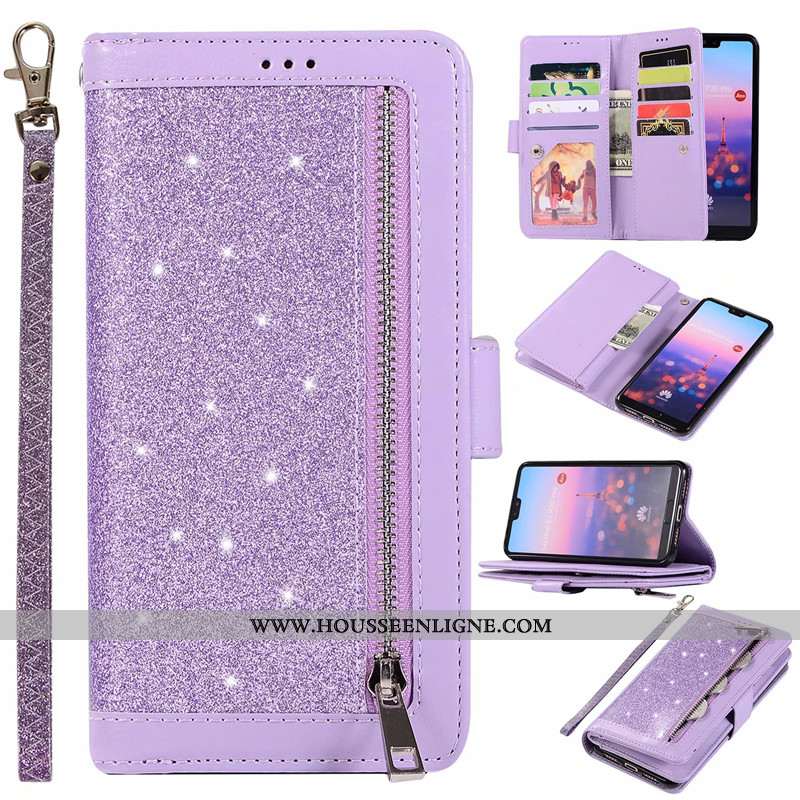 Étui Huawei P20 Lite Portefeuille Fermeture Éclair Rose Violet Cuir Véritable Téléphone Portable