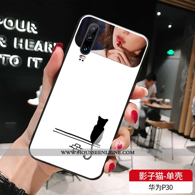 Étui Huawei P30 Verre Tendance Net Rouge Chat Simple Blanc Téléphone Portable Blanche