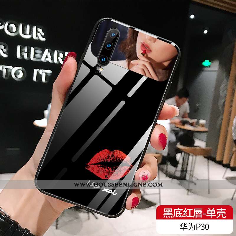 Étui Huawei P30 Verre Tendance Net Rouge Chat Simple Blanc Téléphone Portable Blanche