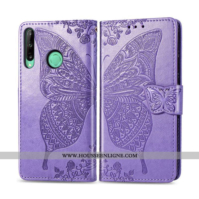 Étui Huawei P40 Lite E Cuir Protection Papillon Couleur Unie Ornements Suspendus Violet Téléphone Po
