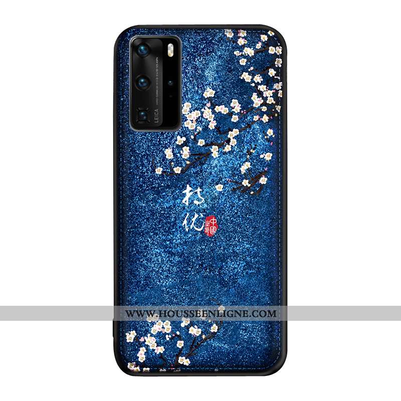 Étui Huawei P40 Pro Gaufrage Tendance Téléphone Portable Bleu Marin Style Chinois Protection Art Ble
