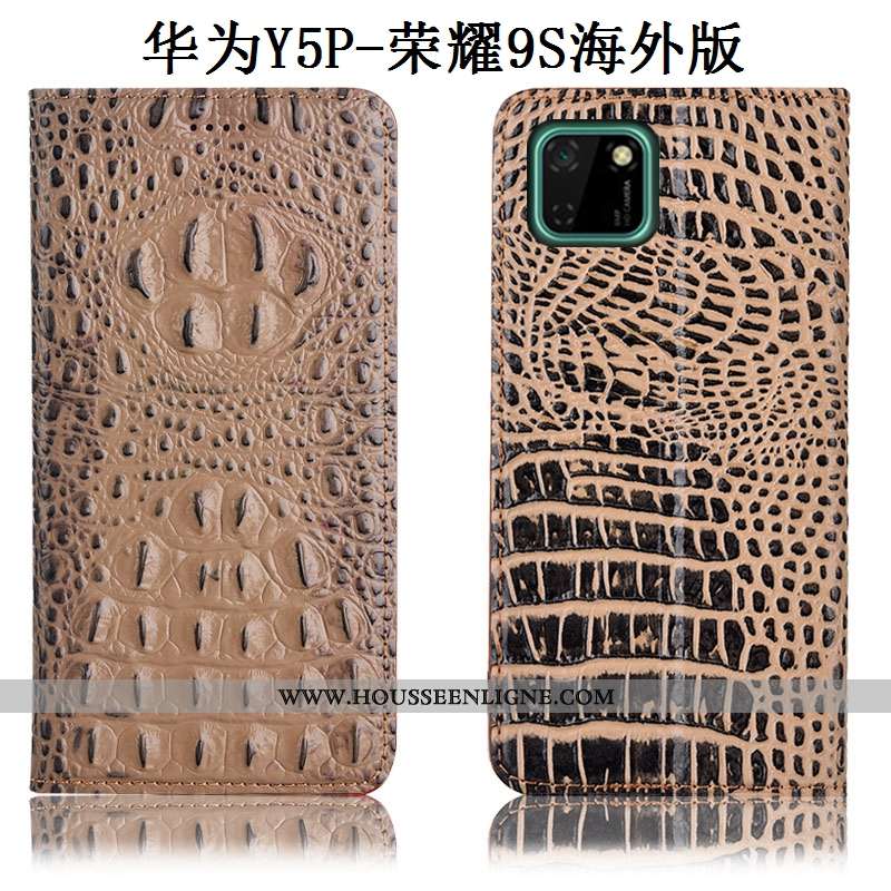 Étui Huawei Y5p Cuir Véritable Modèle Fleurie Téléphone Portable Coque Kaki Housse Incassable Khaki