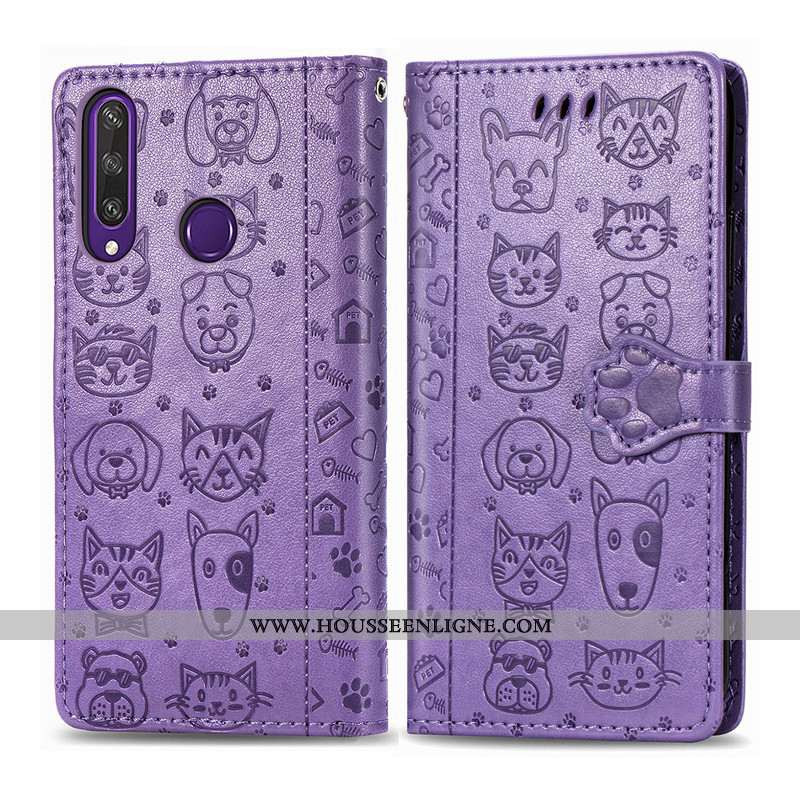 Étui Huawei Y6p Cuir Protection Violet Téléphone Portable Chat Chiens