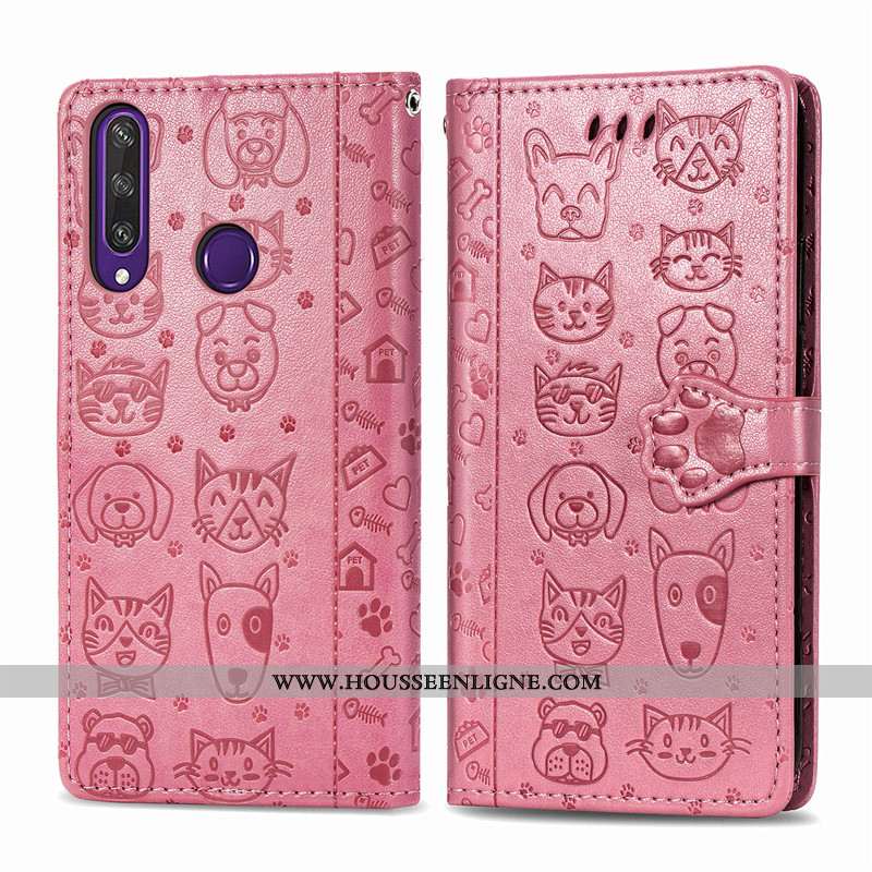 Étui Huawei Y6p Cuir Protection Violet Téléphone Portable Chat Chiens