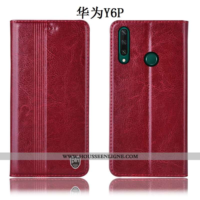 Étui Huawei Y6p Cuir Véritable Protection Incassable Coque Téléphone Portable Rouge