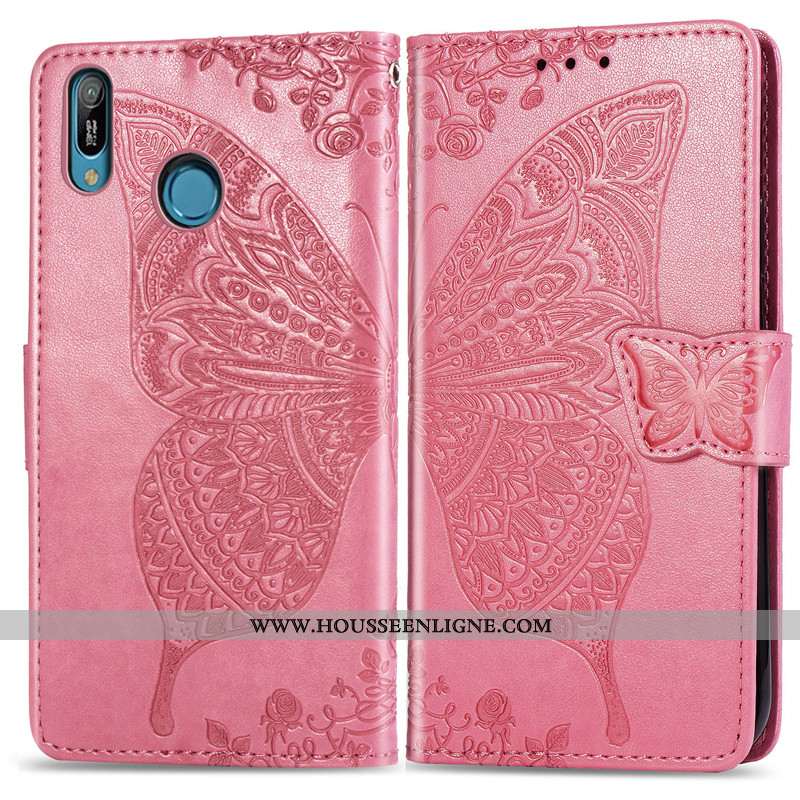 Étui Huawei Y6s Protection Ornements Suspendus Papillon En Relief Téléphone Portable Cuir Rose
