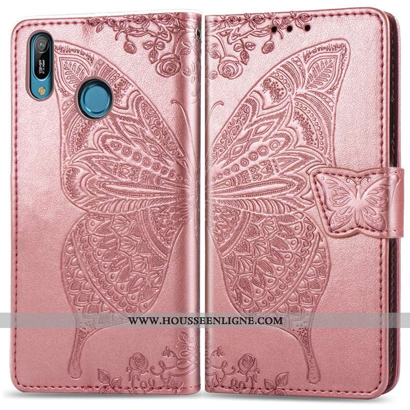 Étui Huawei Y6s Protection Ornements Suspendus Papillon En Relief Téléphone Portable Cuir Rose