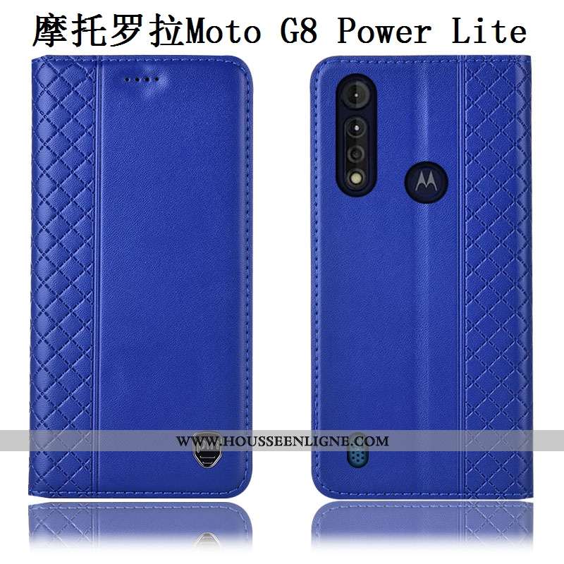 Étui Moto G8 Power Lite Cuir Cuir Véritable Incassable Téléphone Portable Coque Bleu