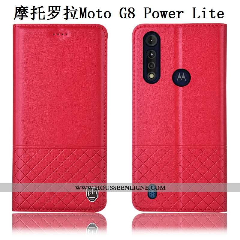 Étui Moto G8 Power Lite Cuir Cuir Véritable Téléphone Portable Rouge Véritable Incassable