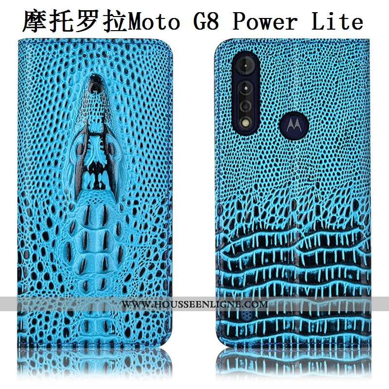 Étui Moto G8 Power Lite Protection Cuir Véritable Bleu Téléphone Portable Coque Housse Incassable