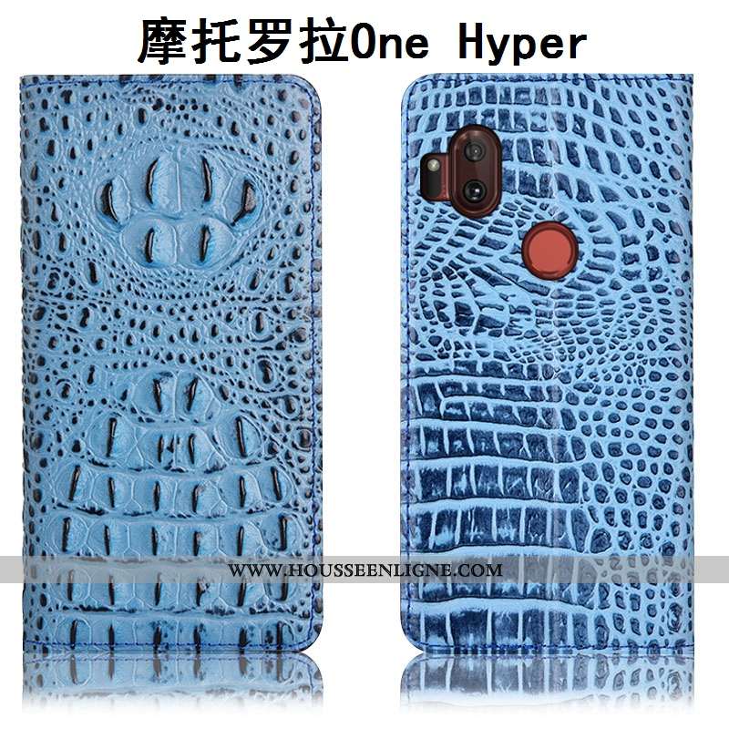 Étui Motorola One Hyper Protection Cuir Véritable Bleu Téléphone Portable Housse Incassable Crocodil