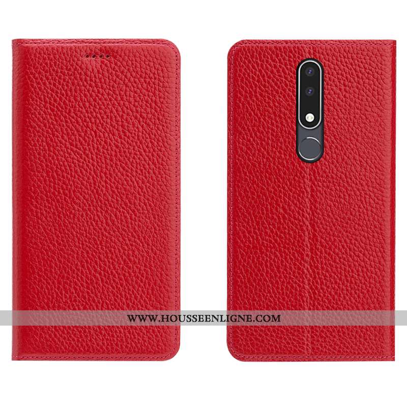 Étui Nokia 3.1 Plus Modèle Fleurie Protection Cuir Véritable Téléphone Portable Litchi Housse Rouge
