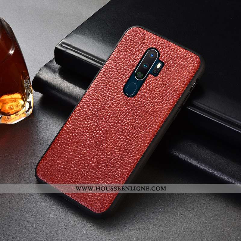 Étui Oppo A5 2020 Cuir Véritable Protection Téléphone Portable Incassable Vin Rouge Litchi Bordeaux