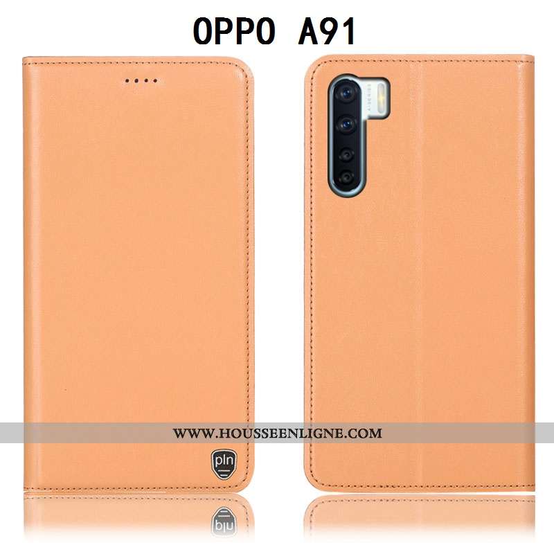 Étui Oppo A91 Cuir Véritable Protection Téléphone Portable Tout Compris Housse Jaune