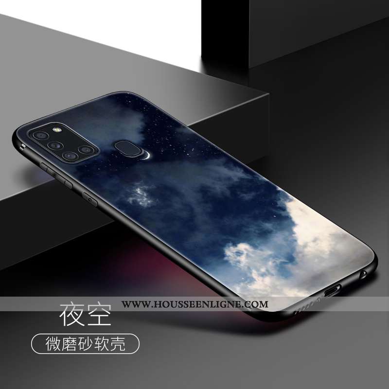 Étui Samsung Galaxy A21s Fluide Doux Silicone Personnalité Coque Vent Clair Délavé En Daim Bleu Fonc