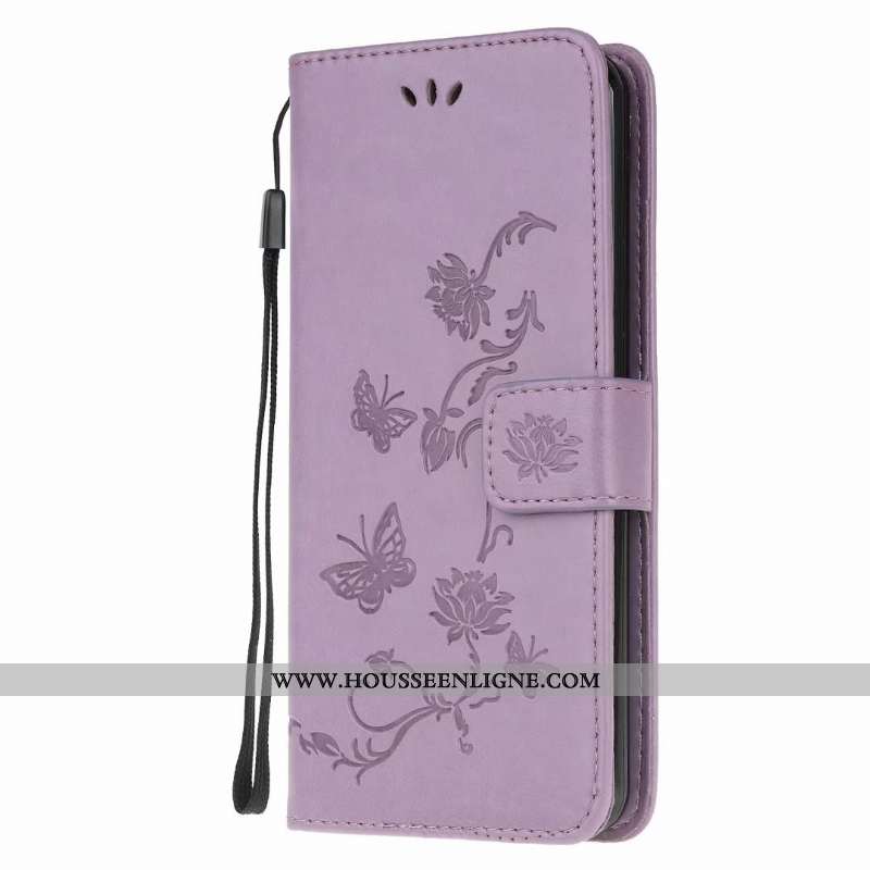 Étui Samsung Galaxy A41 Cuir Fluide Doux Papillon Clamshell Violet Fleur