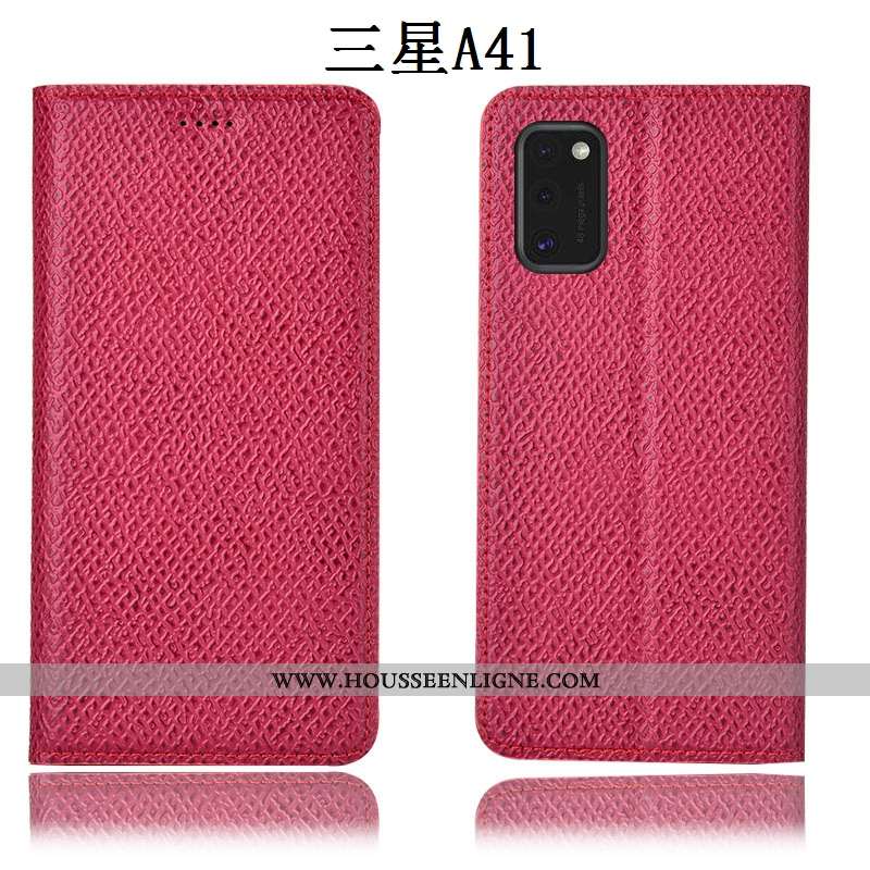 Étui Samsung Galaxy A41 Cuir Véritable Modèle Fleurie Housse Téléphone Portable Mesh Coque Rose