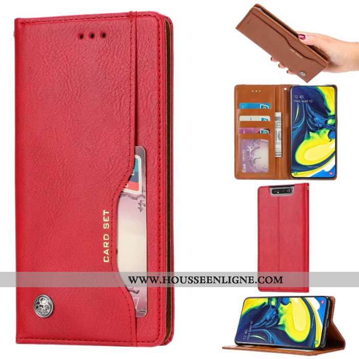 Étui Samsung Galaxy A80 Portefeuille Cuir Étoile Coque Protection Téléphone Portable Carte Rouge