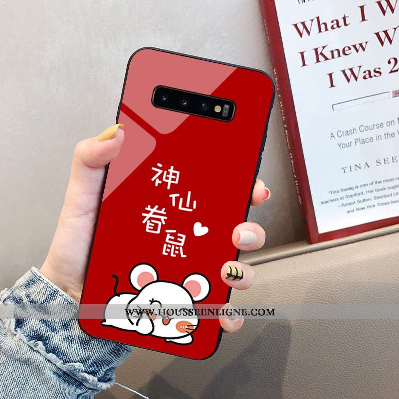 Étui Samsung Galaxy S10+ Fluide Doux Verre Dessin Animé Incassable Tendance Rouge Téléphone Portable