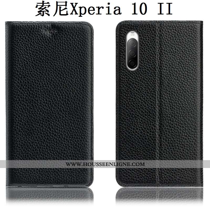 Étui Sony Xperia 10 Ii Protection Cuir Véritable Noir Incassable Téléphone Portable Litchi Housse