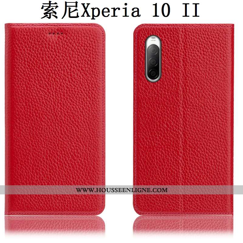 Étui Sony Xperia 10 Ii Protection Cuir Véritable Noir Incassable Téléphone Portable Litchi Housse