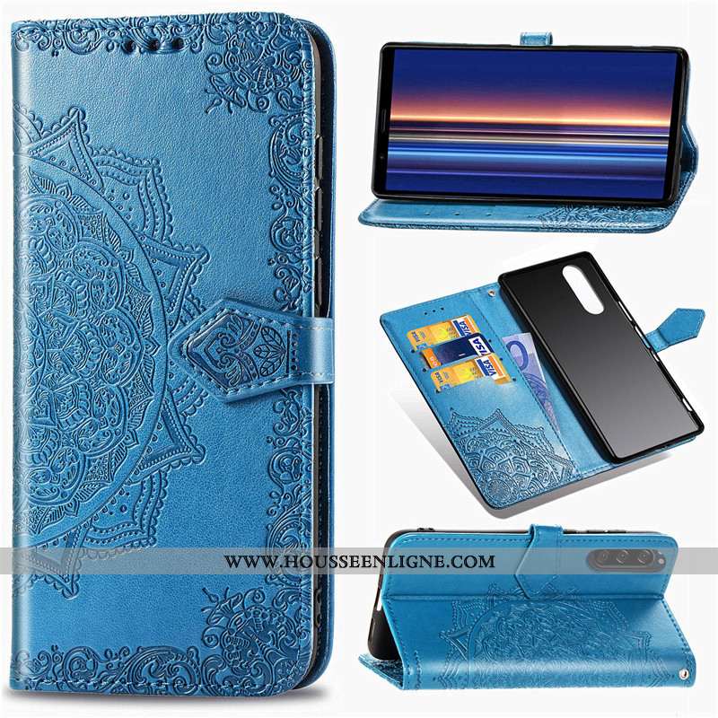 Étui Sony Xperia 5 Protection Ornements Suspendus Bleu Cuir Gaufrage Housse Téléphone Portable