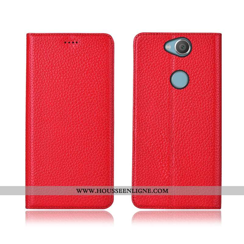 Étui Sony Xperia Xa2 Plus Protection Cuir Véritable Litchi Silicone Fluide Doux Cuir Clamshell Rouge