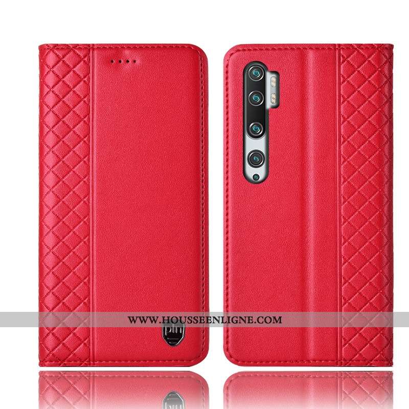 Étui Xiaomi Mi Note 10 Protection Cuir Véritable Rouge Housse Téléphone Portable Incassable