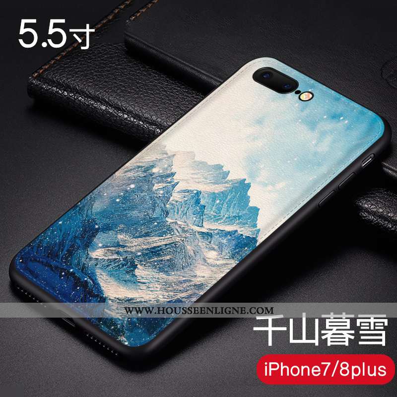 Étui iPhone 8 Plus Cuir Modèle Fleurie Incassable Téléphone Portable Protection Coque Bleu
