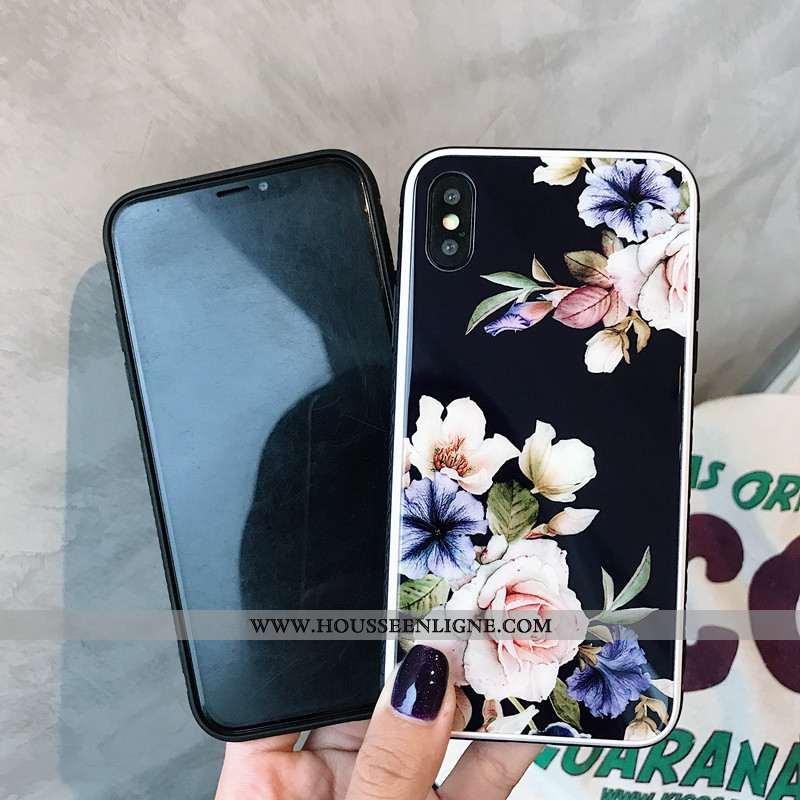 Étui iPhone X Élégant Silicone Téléphone Portable Miroir Style Chinois Fleurs Noir